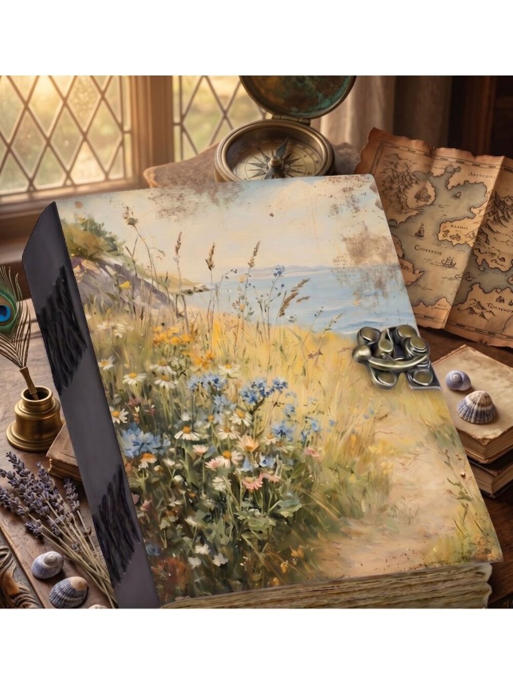 Coastal Wildflower Leather Journal – Handmade Seaside Nature Journal